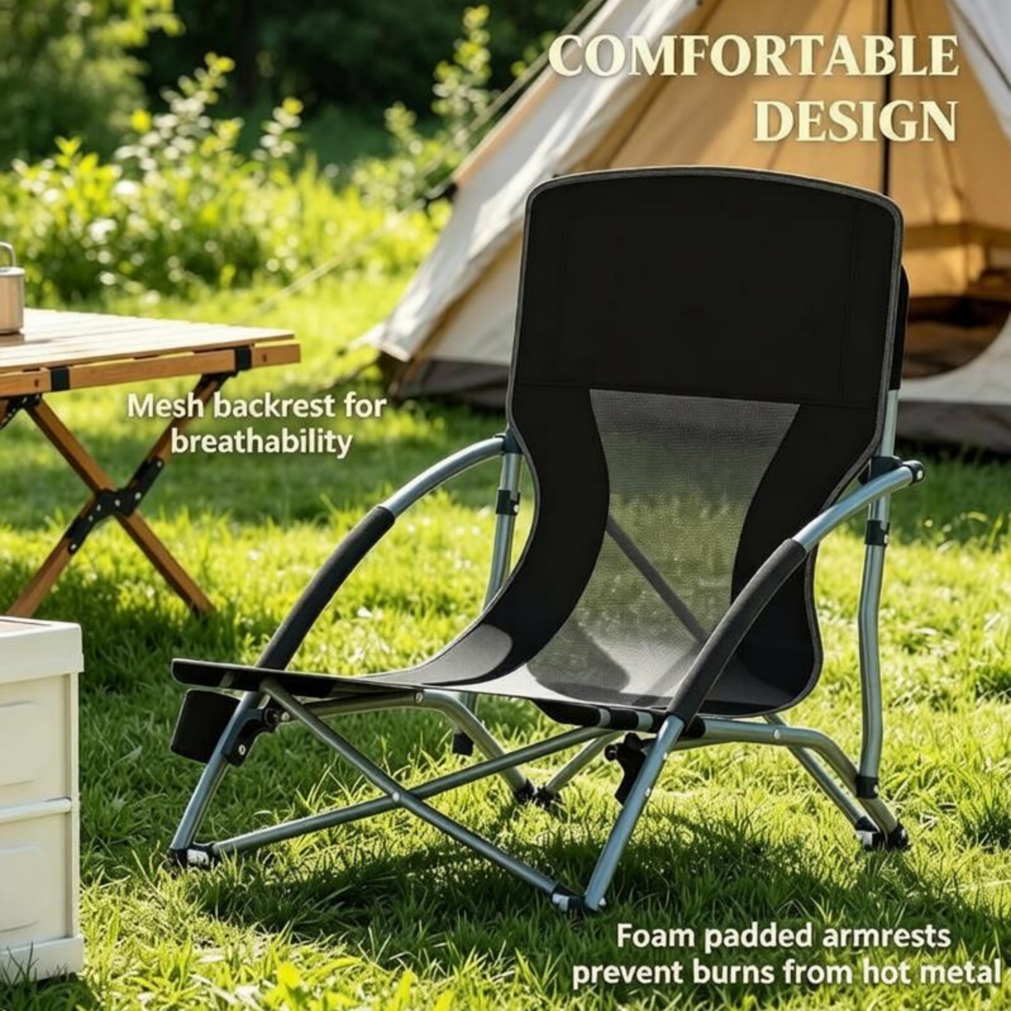 2 Pack Foldable Beach Chairs with Carry Bags, 600D Oxford Metal Frame Portable Lawn Chairs Mesh Back Foam Armrest Cup Holder Holds 265 LBS No Assembly