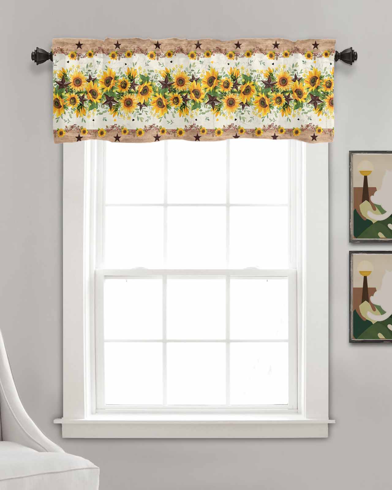 Yellow Sunflower Kitchen Valances for Windows Farmhouse Linen Window Valance Curtain for Living Room Window Treatment Green Leaves Wood Country Vintage Valance Rod Pocket Topper Drape, 54 x 18 Inch