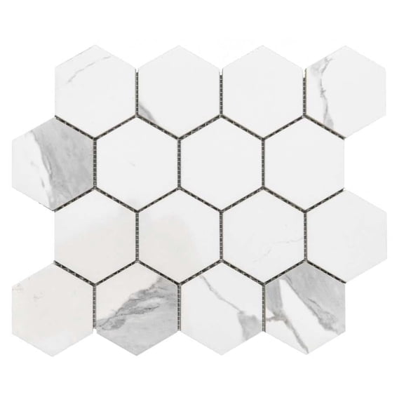 The Tile Life Stately Hex Calacatta Porcelain Hexagon Mosaic Tile - 11 x 14 in. - Polished - 6-Piece - Floor, Wall & Backsplash