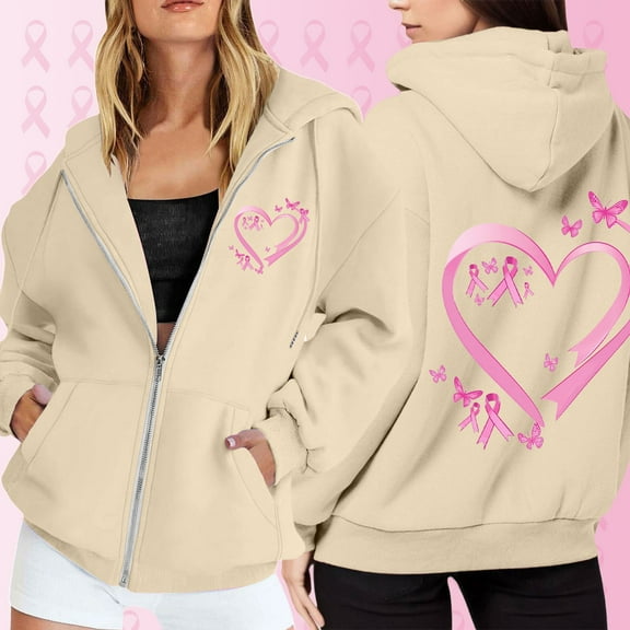 Womens Breast Cancer Hooded Sweatshirts Pink Ribbon Printed Long Sleeve Full Zip Up Jackets Crew Neck Basic Fall Trendy Winter Hoodies with Pocket