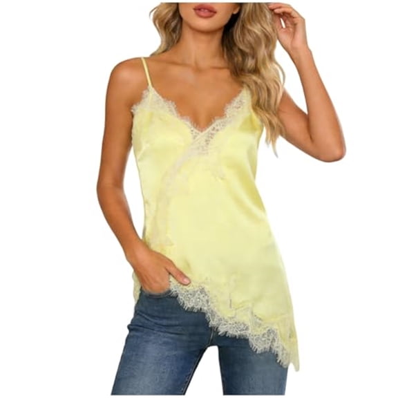 Stichou Womens Lace Trim Satin Tank Top V Neck Silk 2026 Trendy Camisole Tops Asymmetrical Backless Spaghetti Strap Cami Tops Yellow S