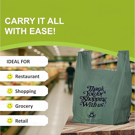 EcoQuality 1/6 Large Size 12x6.5x22 Inch Green Plastic Shopping Bags for Delivery, Retail, Grocery, Restaurant, Takeout, and Convenience Stores (160)