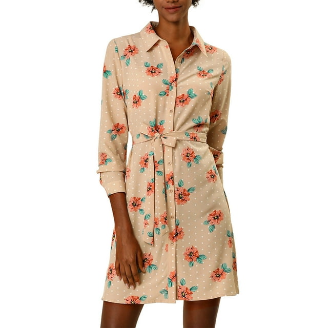 Vestido de camisa floral con cinturón y botones de solapa para mujer Allegra K S albaricoque