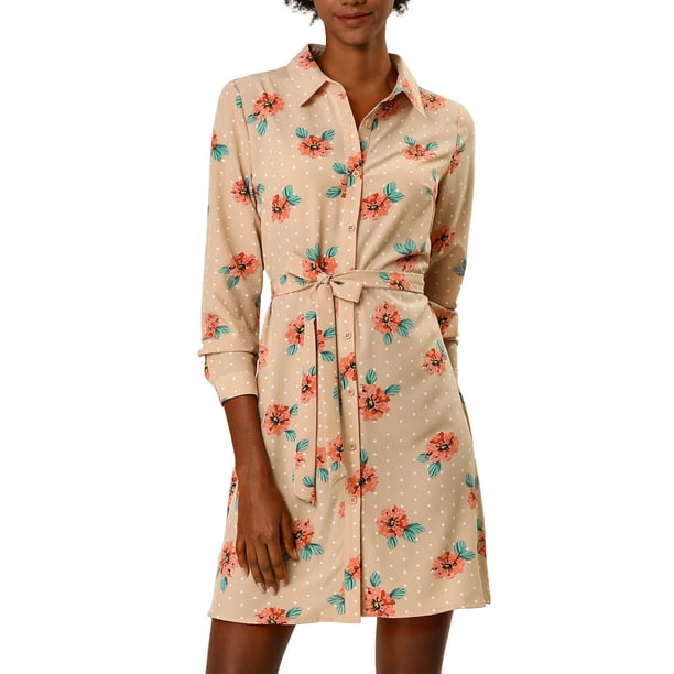 Vestido de camisa floral con cinturón y botones de solapa para mujer Allegra K M albaricoque