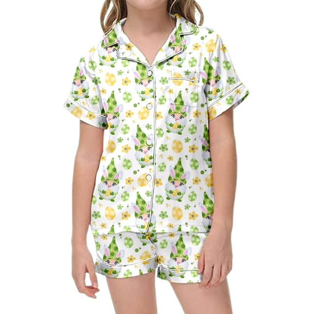 LUOGENLI Pyjamas pour Filles Taille 7-10 Soie 2 Ensembles de Pyjama pour Enfants avec Imprimé Pygmée de Pâques et Imprimé Œuf de Pâques Chemise à Manches Courtes Boutonnée Short Ensembles de Pyjama Vert Clair 8-9 Ans