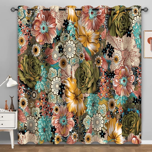 Jekeno Boho Floral Style Blackout Curtains Grommet Design Darkening Window Drapes Floral Garden ...