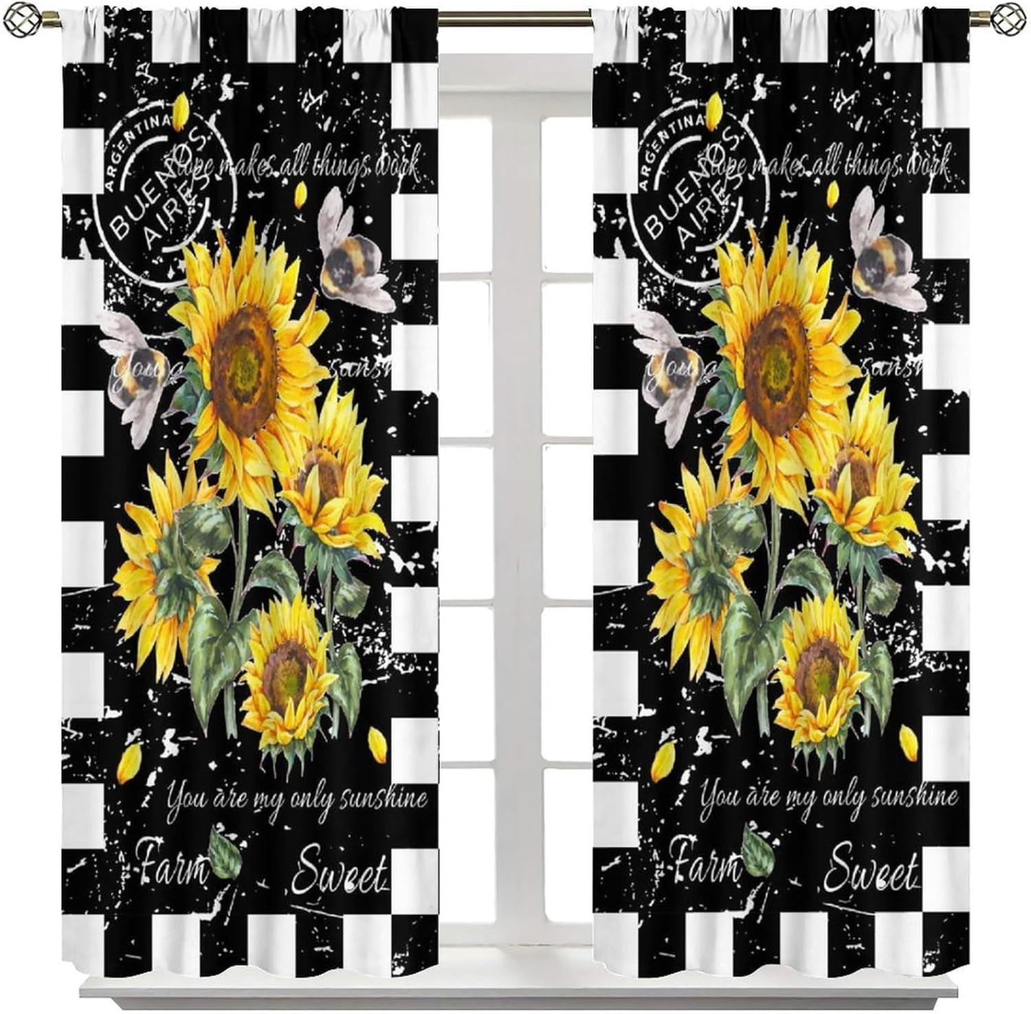 Sunflower Blackout Curtains for Kitchen, Rustic Farmhouse Vintage Watercolor Black Yellow Floral Flower Bee Retro Farm Country Living Room Bedroom Window Drapes Treatments 2 Panel 42x63in