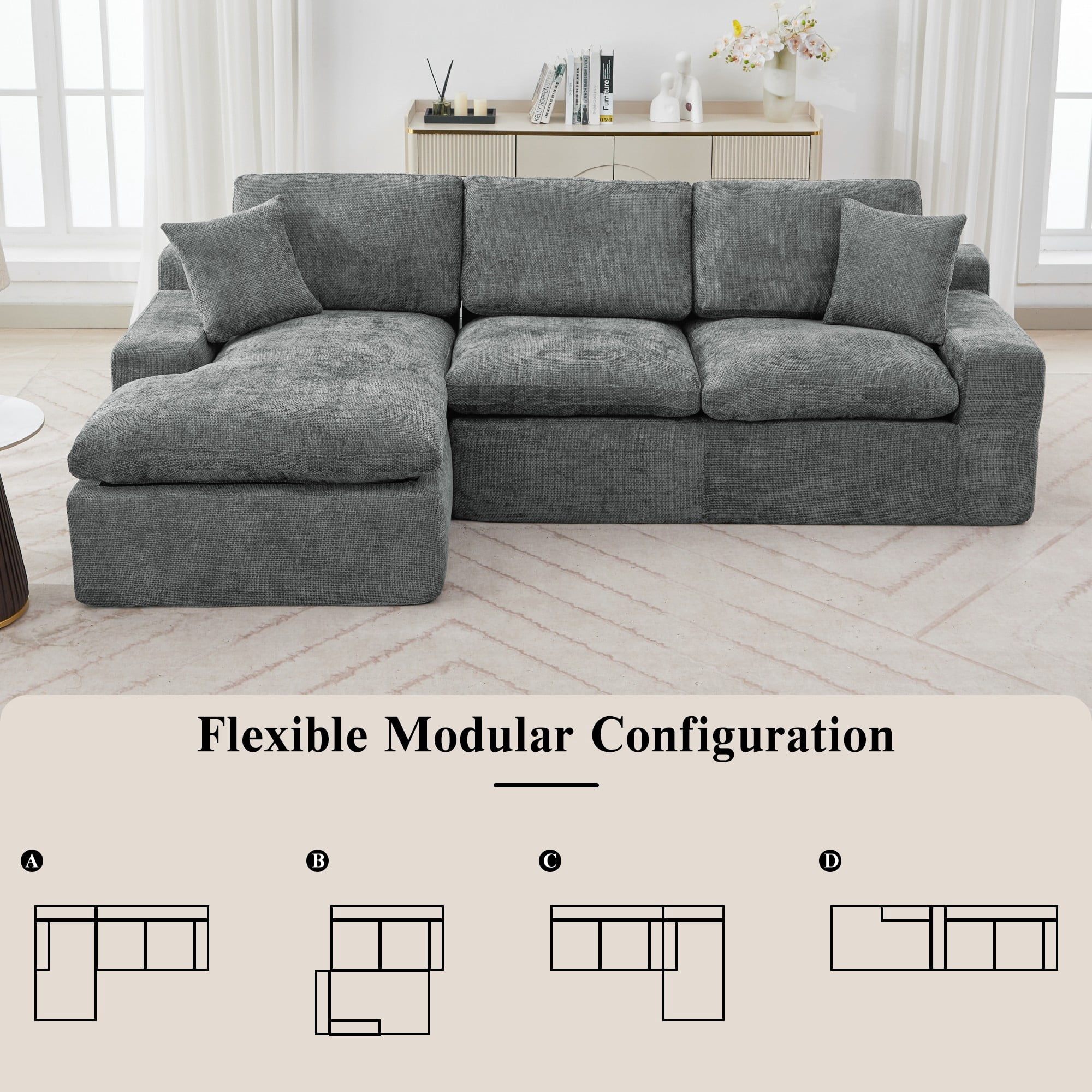 107.9" Upholstered Sectional Sofa,Cloud Sofa Couch with Double-layer Cushion and Side Pockets,Compressed Sofa,Free-combined Sectional Sofa for Living Room,Grey