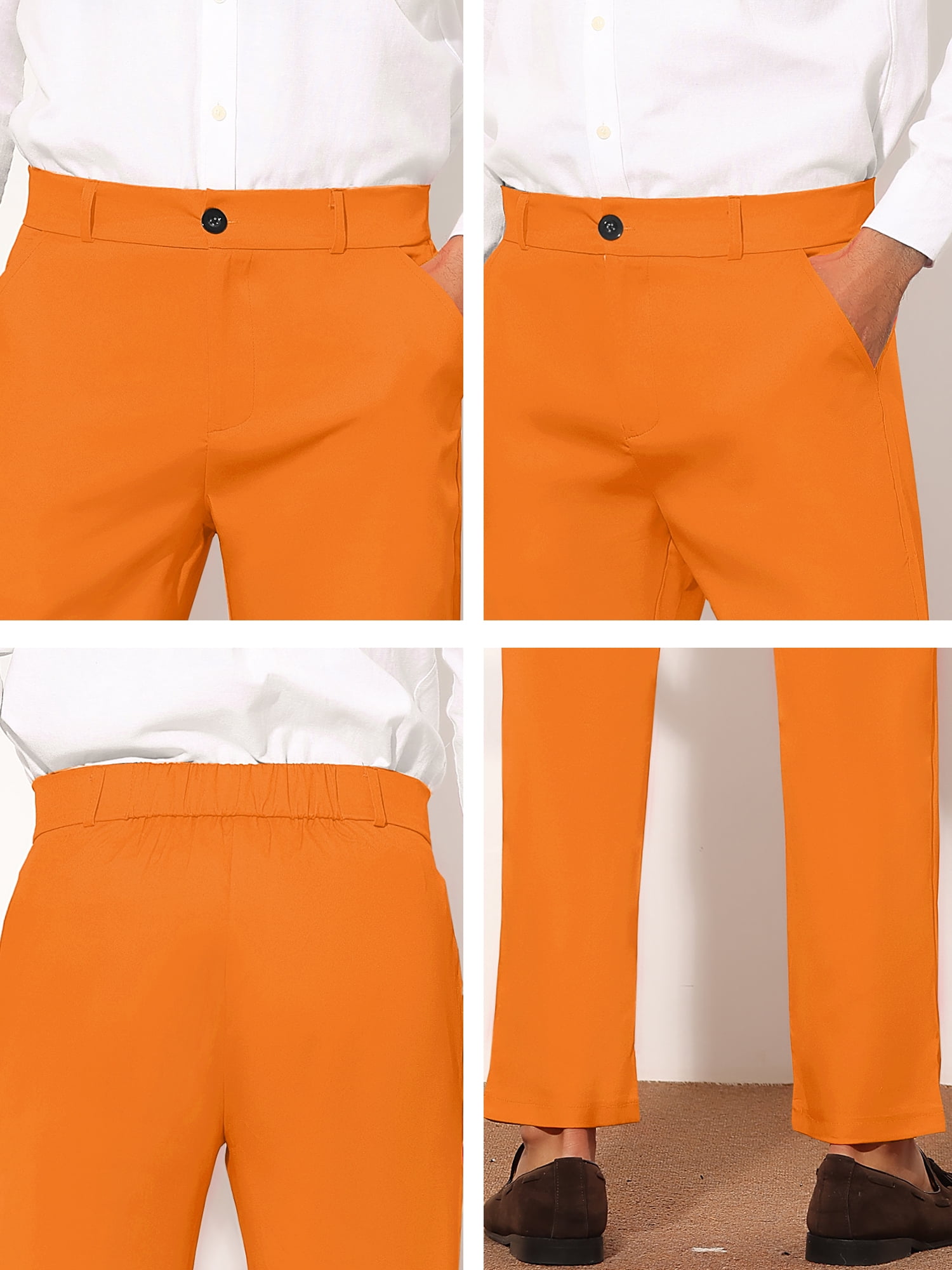 Unique Bargains Men's Slim Fit Trousers Flat Front Solid Color Business Pants 36 Orange