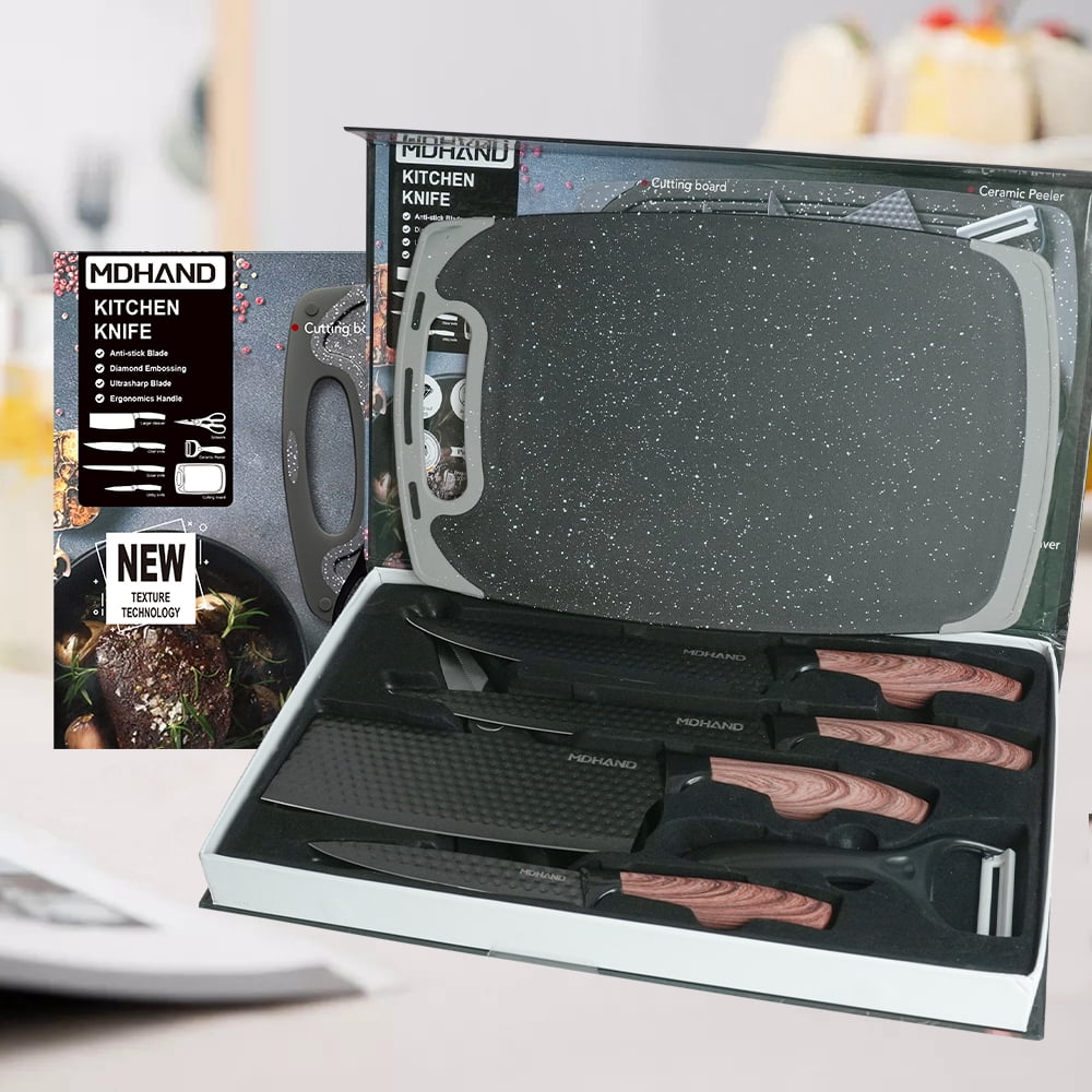 MDHAND 7-Piece Kitchen Knife Set ,Non-Stick Diamond Finish, Brown Wooden Handles, Cutting Board, Scissors, Peeler – Essential Cooking Tools in Gift Box