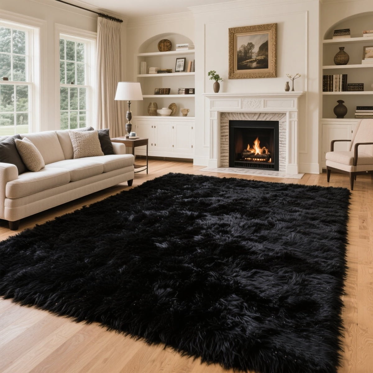 Area Rugs for Living Room Bedroom, 9ft x 12ft Soft Fluffy Shag Indoor Floor Carpet for Living Room Bedroom Dining Room Office, Black
