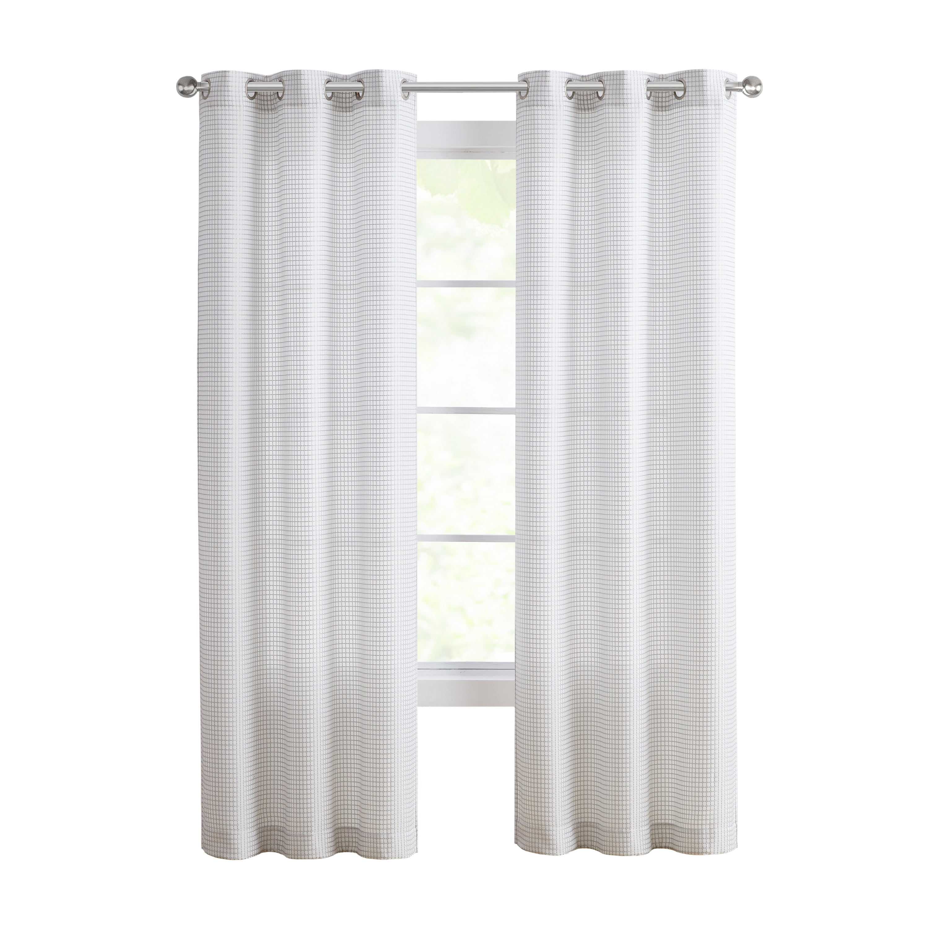Modern Elements Hannah Modern Grey Grid Grommet Light Filtering Curtain Panel, 76" x 96" (2 Panels)