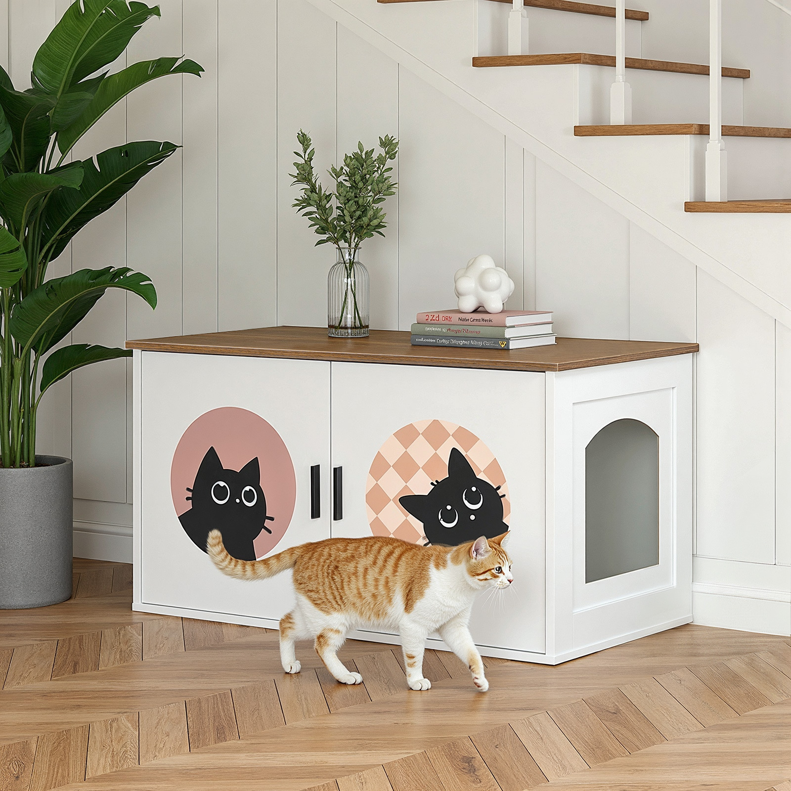HOOBRO Cat Litter Box Enclosure, Hidden Litter Box Enclosure Furniture with Cute Cat Patterns and Arched Entrance, Litter Box Cabinet, Side Table, for Living Room, White and Walnut WH08MW01