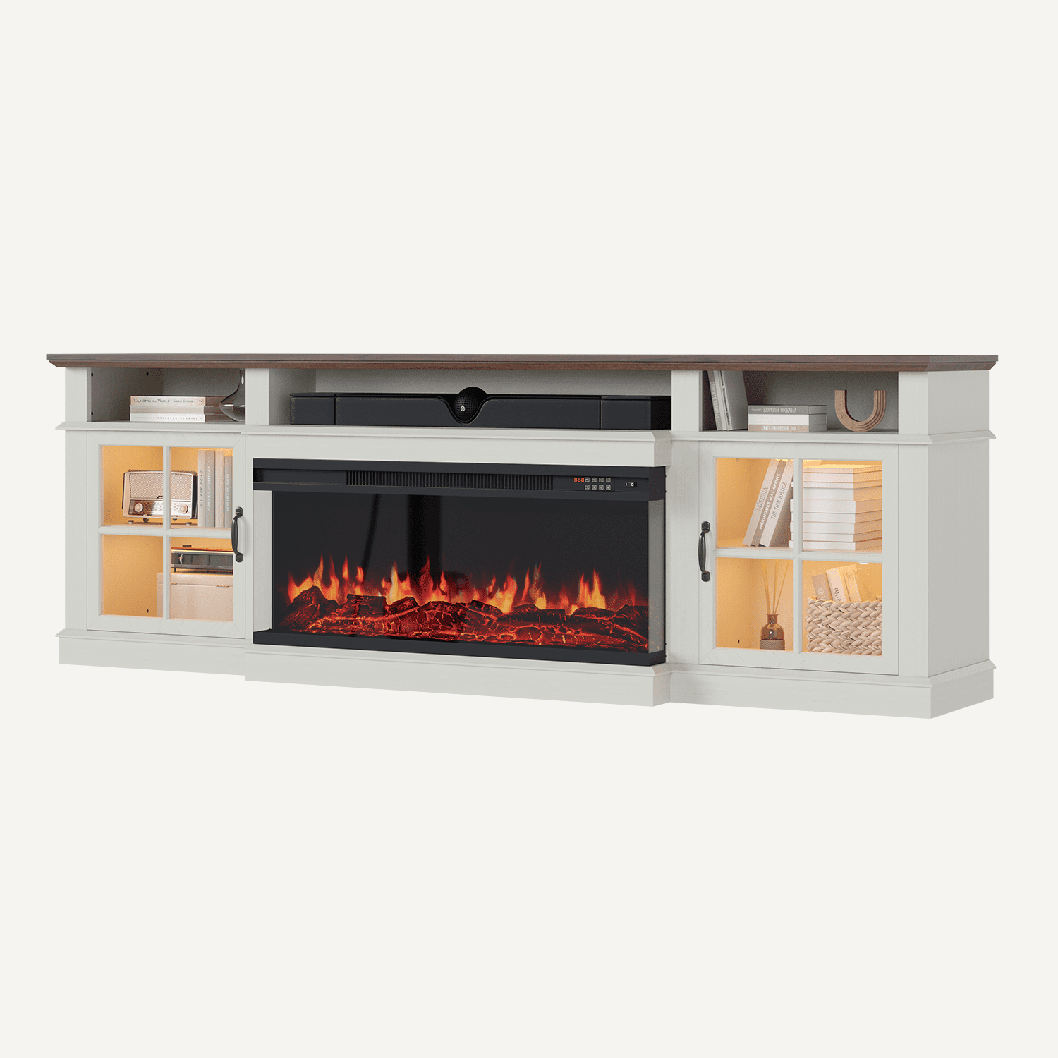 BaPiPro 80" Farmhouse Fireplace TV Stand for TVs Up to 90", Entertainment Center with 3-Sided 36" Electric Fireplace & LED Lights, 2 Drawers & 2 Storage Cabinet, White