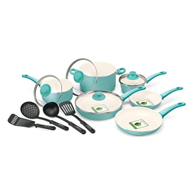 Turquoise GreenLife Soft Grip Pro Healthy Ceramic Nonstick 13 Piece Cookware Pots and Pans Set
