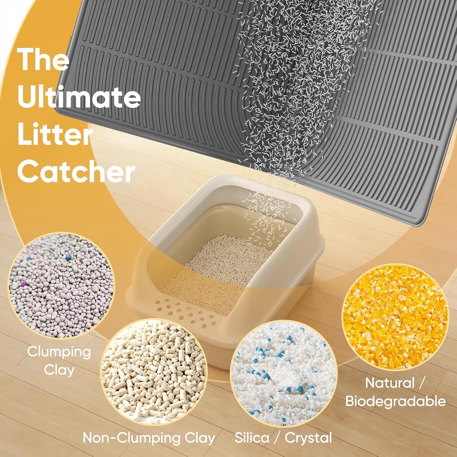 XXL Extra Large Cat Litter Mat, Silicone Litter Box Mat for Floor, Waterproof & Non-Slip, Easy to Clean, Cat Litter Trapping Mat & Kitty Litter Catcher for Scatter Control (Gray)