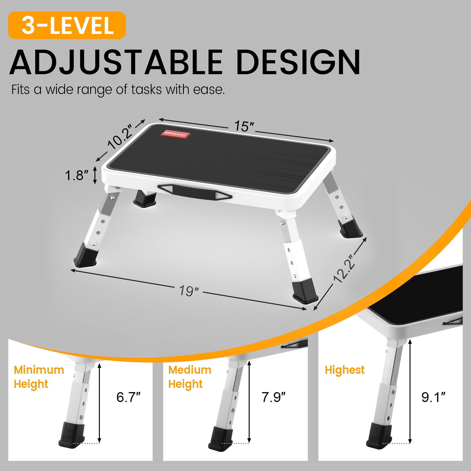 HBTower Adjustable Step Stool with a Non-Slip Platform, Foldable Step Ladder with Thick Rubber Feet for Adults or Children in Kitchen, Bedroom, Office, Rv, 330 Lbs Capacity, White