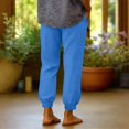 thumbnail image 7 of Women Linen Pants Summer Casual Gaucho Pants Drawstring Elastic Waist Wide Leg Slacks Loose Fitting Beach Attire Blue M, 7 of 7