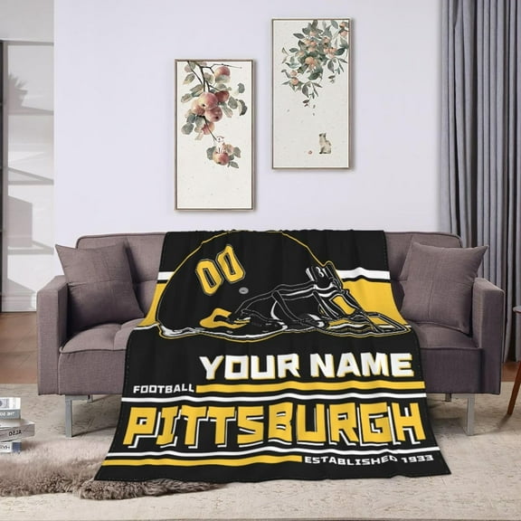 Custom Pittsburgh Blanket Personalized Throw Blankets Name Number Gifts for Men Women Boy Football Style Decor