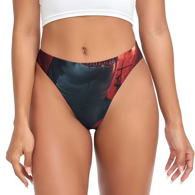 Balery Red Moon Shark Sailboat Tangas de Algodón para Mujer con Estampado – Ropa Interior Sexy, Transpirable, G-string-Large