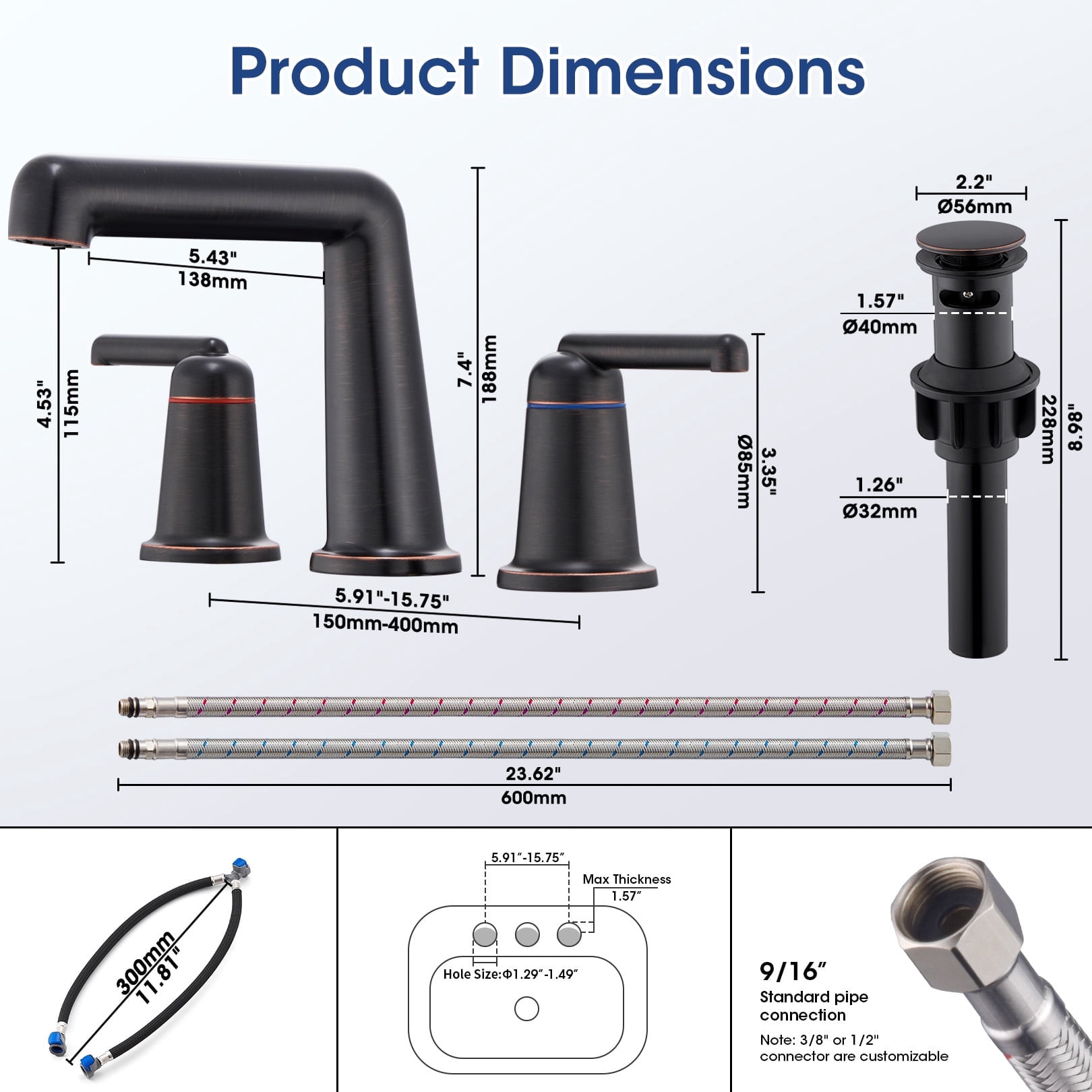 Wowkk 3 Hole Bathroom Faucet 2 Handle Widespread Bathroom Sink Faucet with Pop up Drain and Supply Lines, Brass Vanity Faucet for Rv Farmhouse Lavatory Restroom Sink, Oil Rubbed Bronze