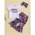 thumbnail image 2 of Suealasg Kids Girls Independence Day Clothes Toddler Baby Girls 4th of July Outfits Letter Print Short Sleeve T-shirt and Floral Ribbed Flare Pants Headbands 3Pcs Summer Clothing, 2 of 9