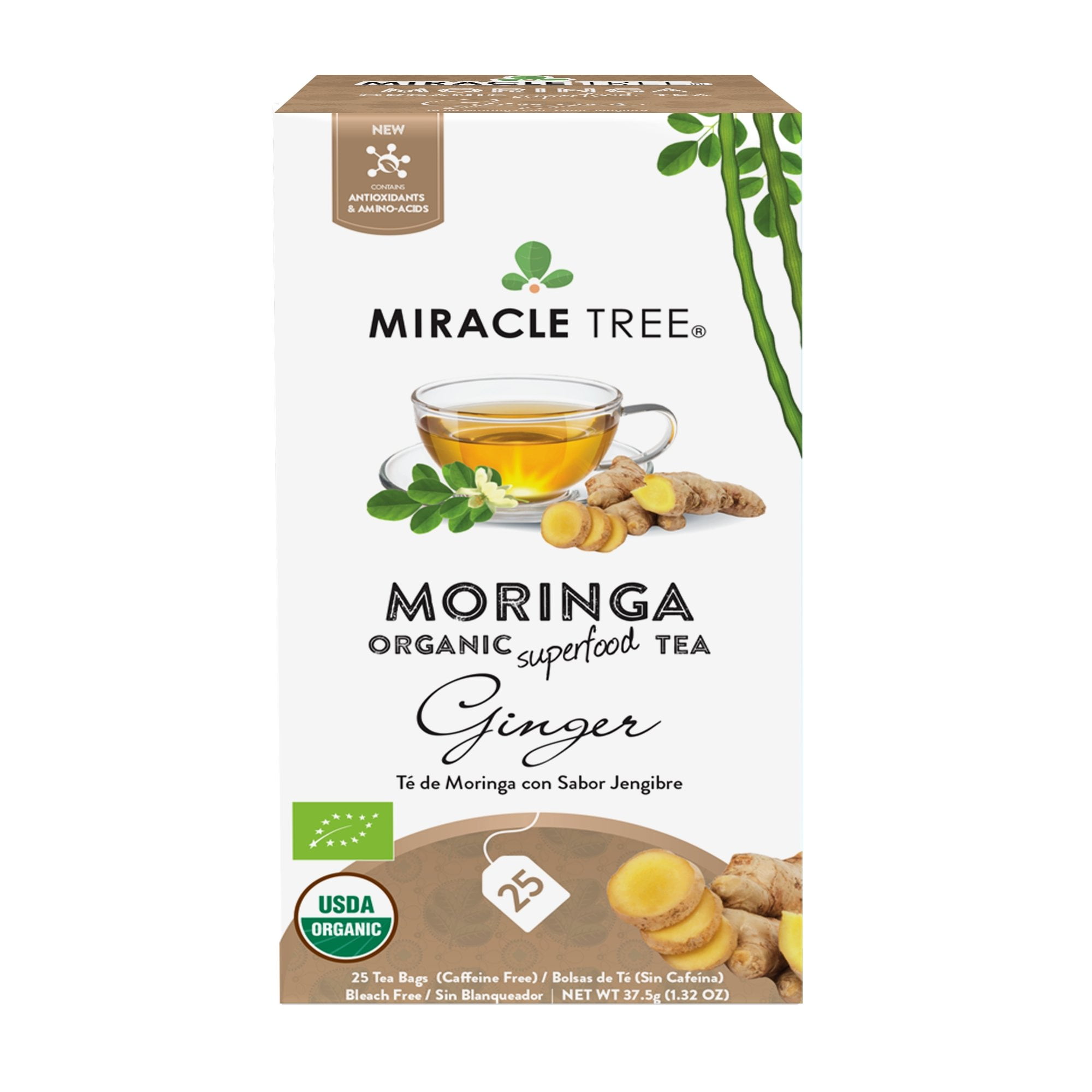 Miracle Tree Organic Moringa Ginger Tea, 25 Enveloped Tea Bags, 6 Count