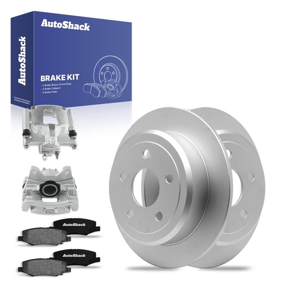 AutoShack Rear Solid Coated Brake Rotors   Ceramic Pads   Calipers 8-PC Brake Kit Replacement for 2007-2017 Jeep Wrangler 2018 Jeep Wrangler JK ArmorStop 12.44" (316 mm)