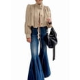 thumbnail image 3 of Womens Cropped Pleated Jacket Puff Long Sleeve Button Down Trench Coat Casual Outwear Khaki L, 3 of 9