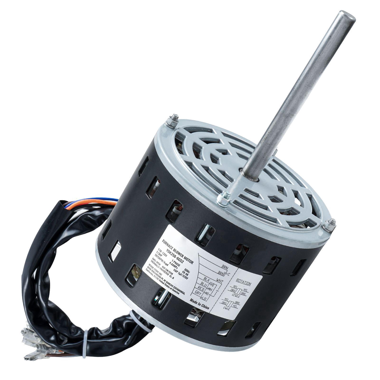 1/3 HP Furnace Blower Motor 110 120V 4.4 Amps 1075 RPM 4 Speeds CW CCW Rotation 48 Frame 5.2 Inch Shaft Length 5μF 370V Capacitor with 11 Inch Hold Hoop