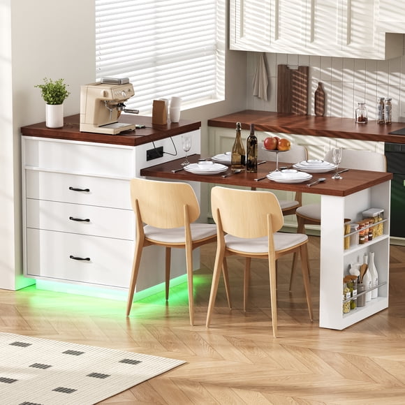 HORIZON Îlot de Cuisine avec Roulettes, Table à Manger Extensible avec Éclairage DEL, Table de Cuisine avec Barres d'Alimentation, Buffet Ou Table de Bar pour la Cuisine et la Salle à Manger, Blanc Crème