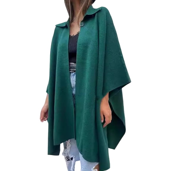 Fall Spring Women Coat Irregular Hem Loose Open Stitch Solid Color Dolman Sleeve Poncho Turn-down Collar Cardigan Dating Commuting Cape Jacket