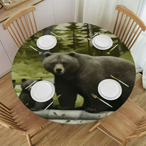 BANET Rustic Country Round Tablecloth,Country Style Farmhouse Lodge Bear Moose Deer Long Table Cloth Washable Table Cover for Kitchen Dining,Round 31"-35