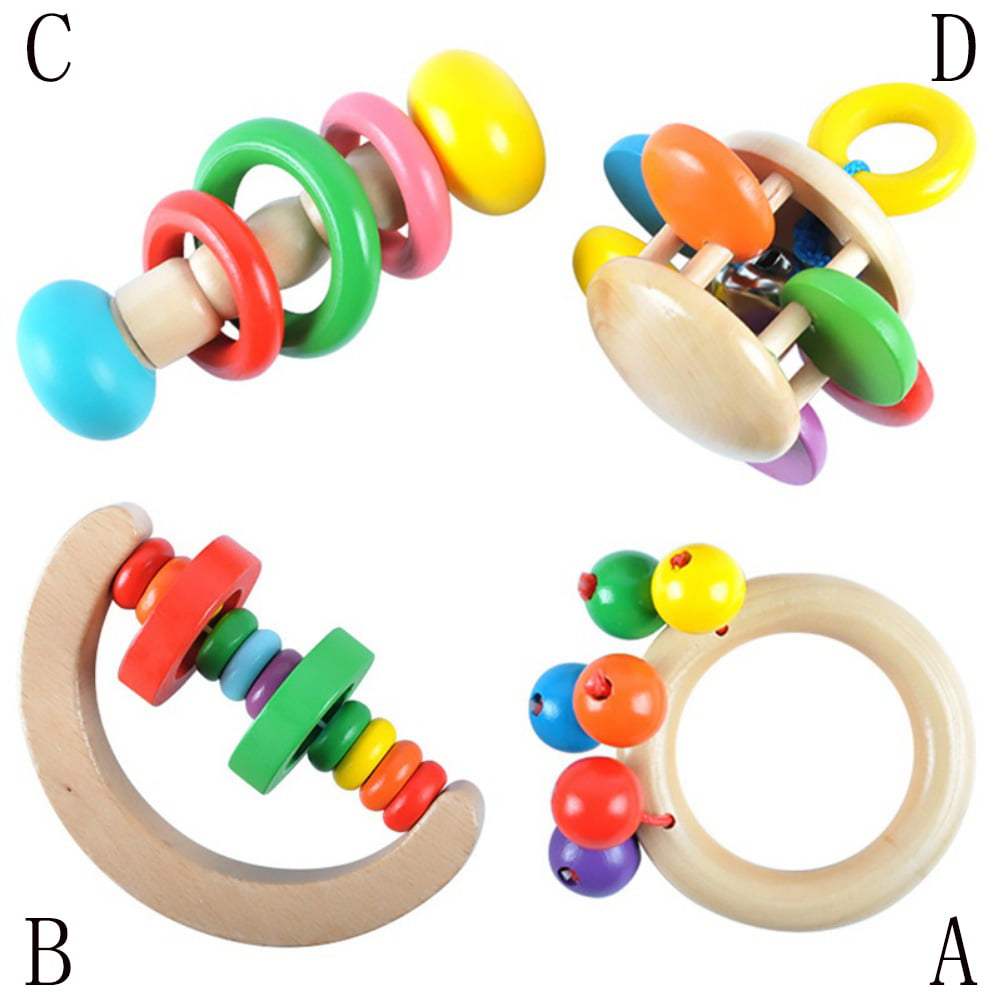 Montessori Natural Wooden Rattle Drum Baby Grasping Teething Toys Handbell 