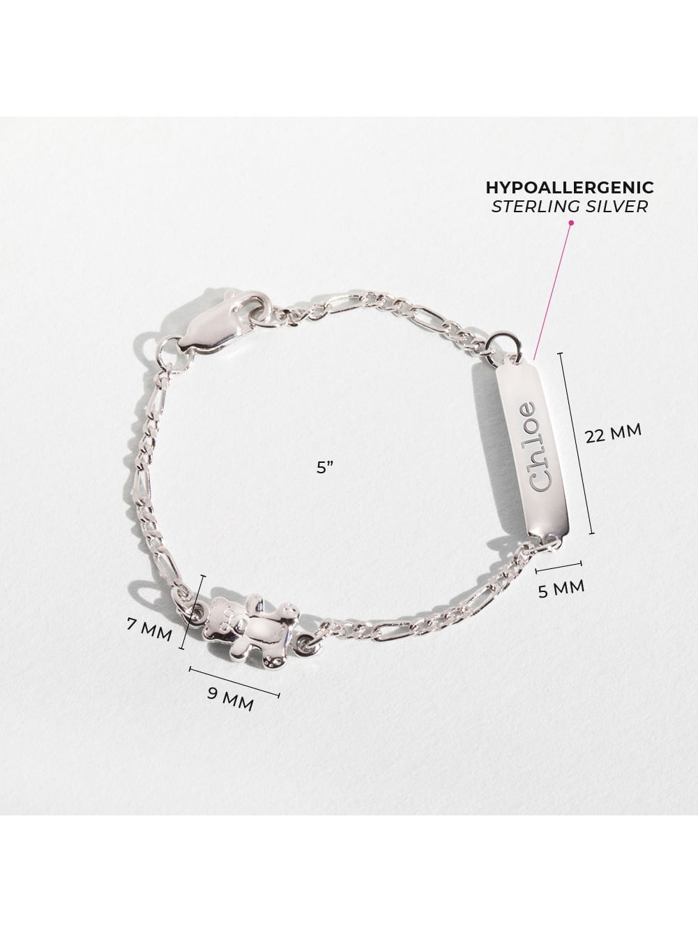 925 Sterling Silver 5" Teddy Bear Identification Bracelet for Babies & Toddlers