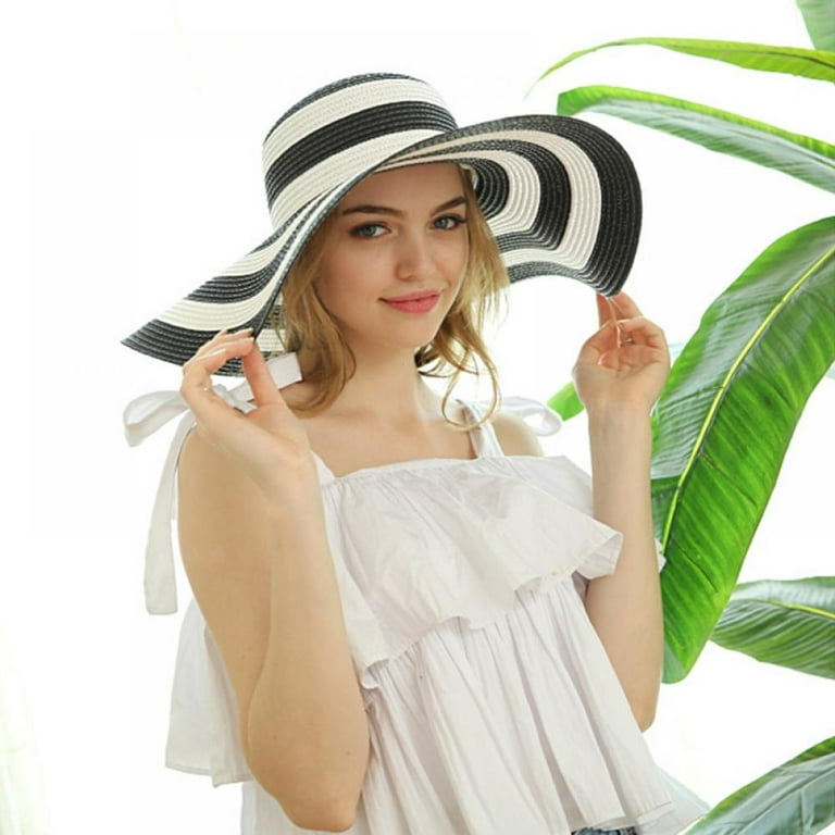 Baywell Womens Striped Sun Straw Hat Wide Brim Beach Hats UPF 50+ Summer  Sun Hat Foldable Roll up Floppy Beach Hats for Women 