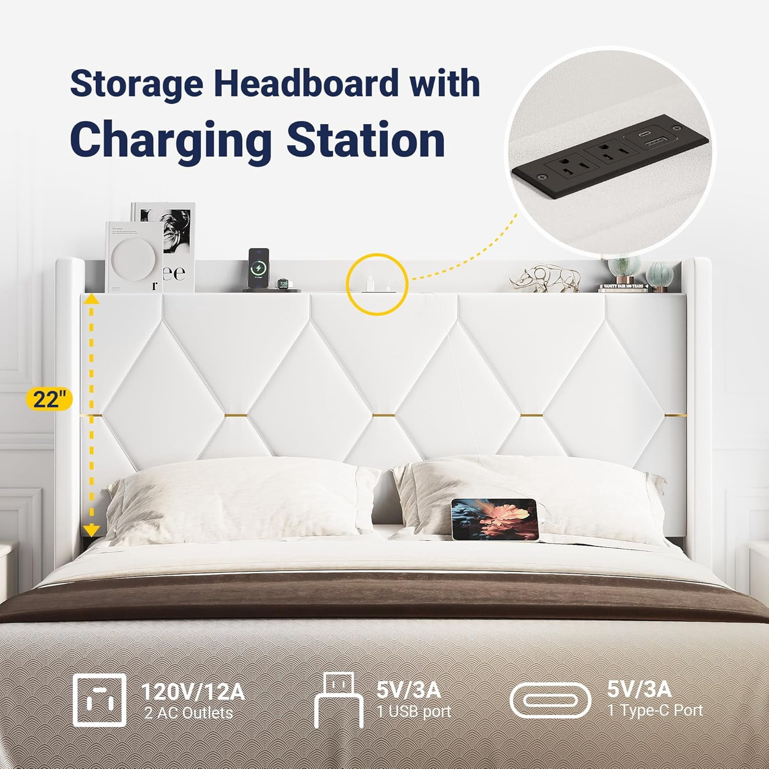 Allewie Velvet Full Upholstered Bed Frame with Wingback Storage Headboard & Charging Station, Platform Bed with Diamond Tufted Design & Gold Trim, No Box Spring Needed, Easy Assembly, White