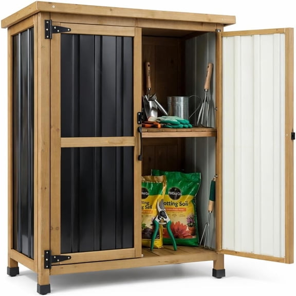 Gowoodhut Outdoor Storage Cabinet Wood Storage Shed Waterproof Roof, Double Lockable Doors Garden Shed with Removable Shelves for Patio, Garden