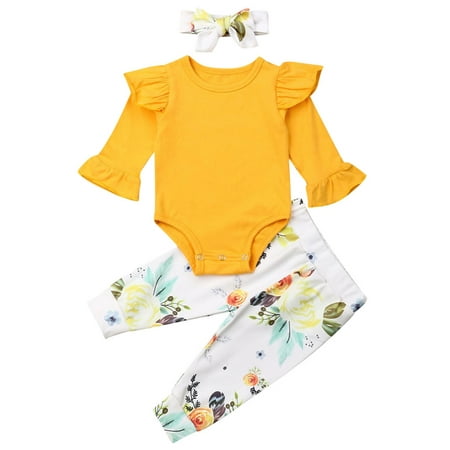 

Lazybaby Newborn Infant Baby Girls 3 Pcs Outfit Flared Sleeve Romper + Floral Pants + Headband Set