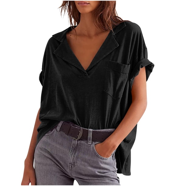 Camisas de Manga Corta para las Mujeres Casual Cuello en V Sólido, Mezcla de Algodón Moda de Verano Blusa Superior