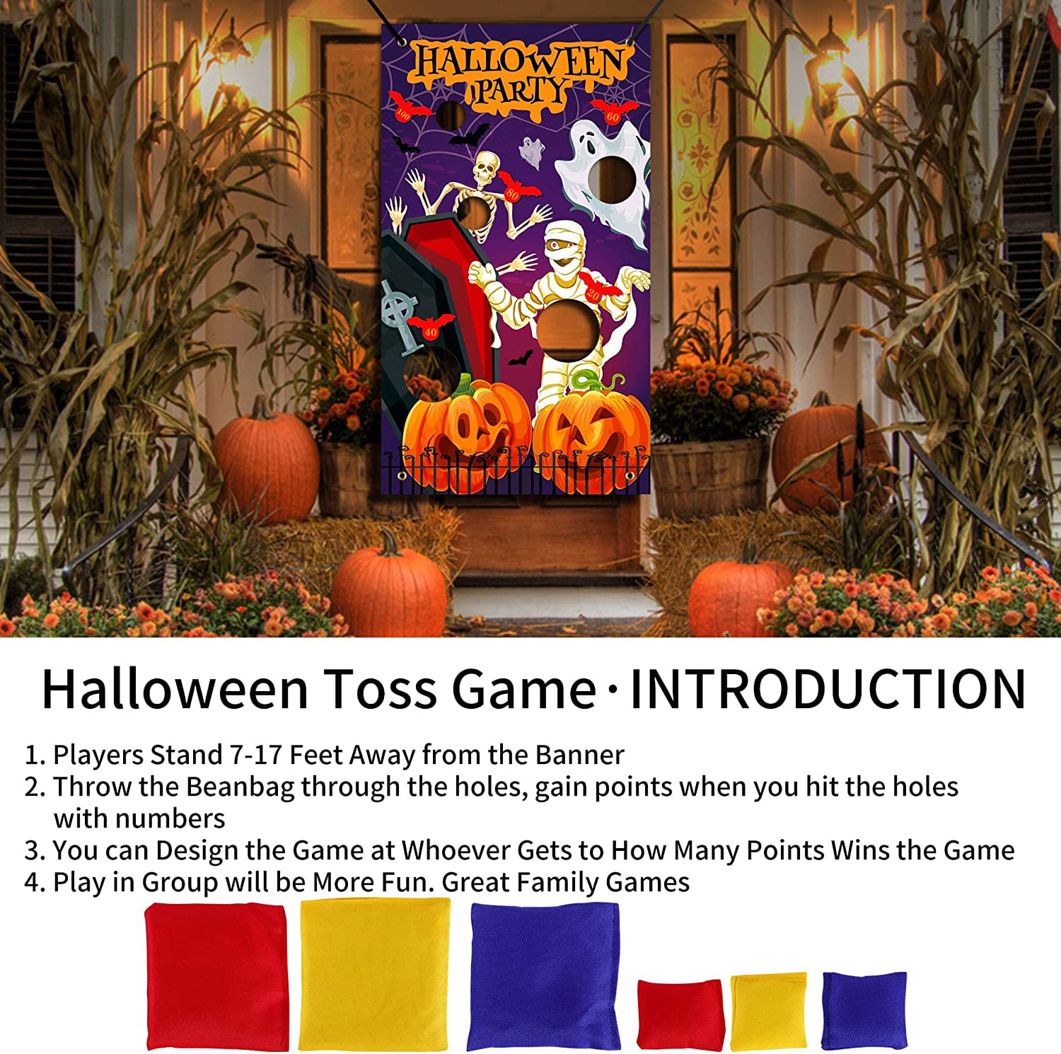 AuLinx Halloween Themed Toss Game Banner Zombie Ghost with 6 Bean Bags,for Kids Party Halloween Decorations Indoor Outdoor Throwing Game