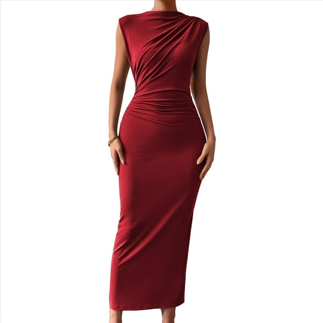 Vestido Ajustado Fruncido para Mujer Color Vino Tinto M