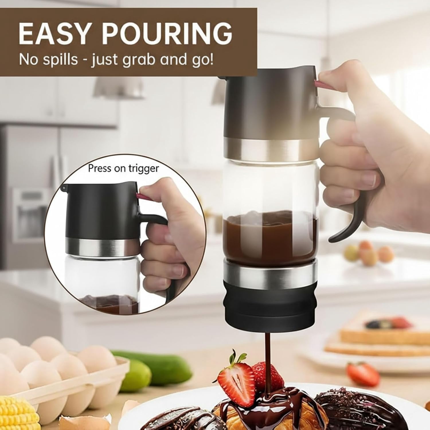 Honey Dispenser No Drip, Glass Honey Dispenser with Stand and Handle, Refillable Honey Jar Syrup Dispenser for Honey, Maple Syrup, Coffee, Tea, Pancakes, Mess-Free Kitchen Honey Container (300ML)M