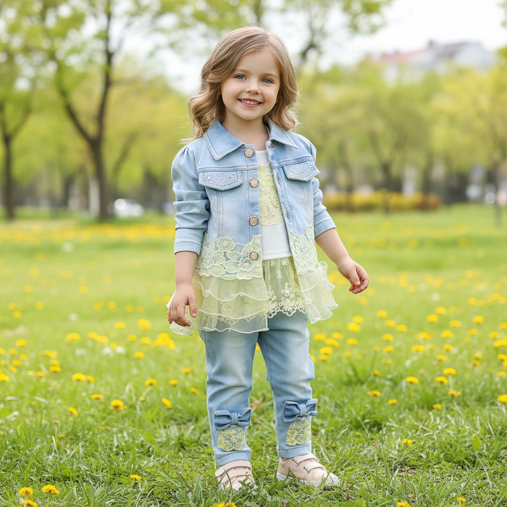 Baby Girls Denim Clothing Sets 3 Pieces Sets T Shirt Denim Jacket and Jeans,Yellow,2-3Years