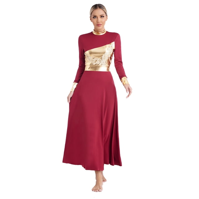 Linjinx Robe de Danse Liturgique pour Femmes Bloc de Couleur Métallique Performance Bourgogne m