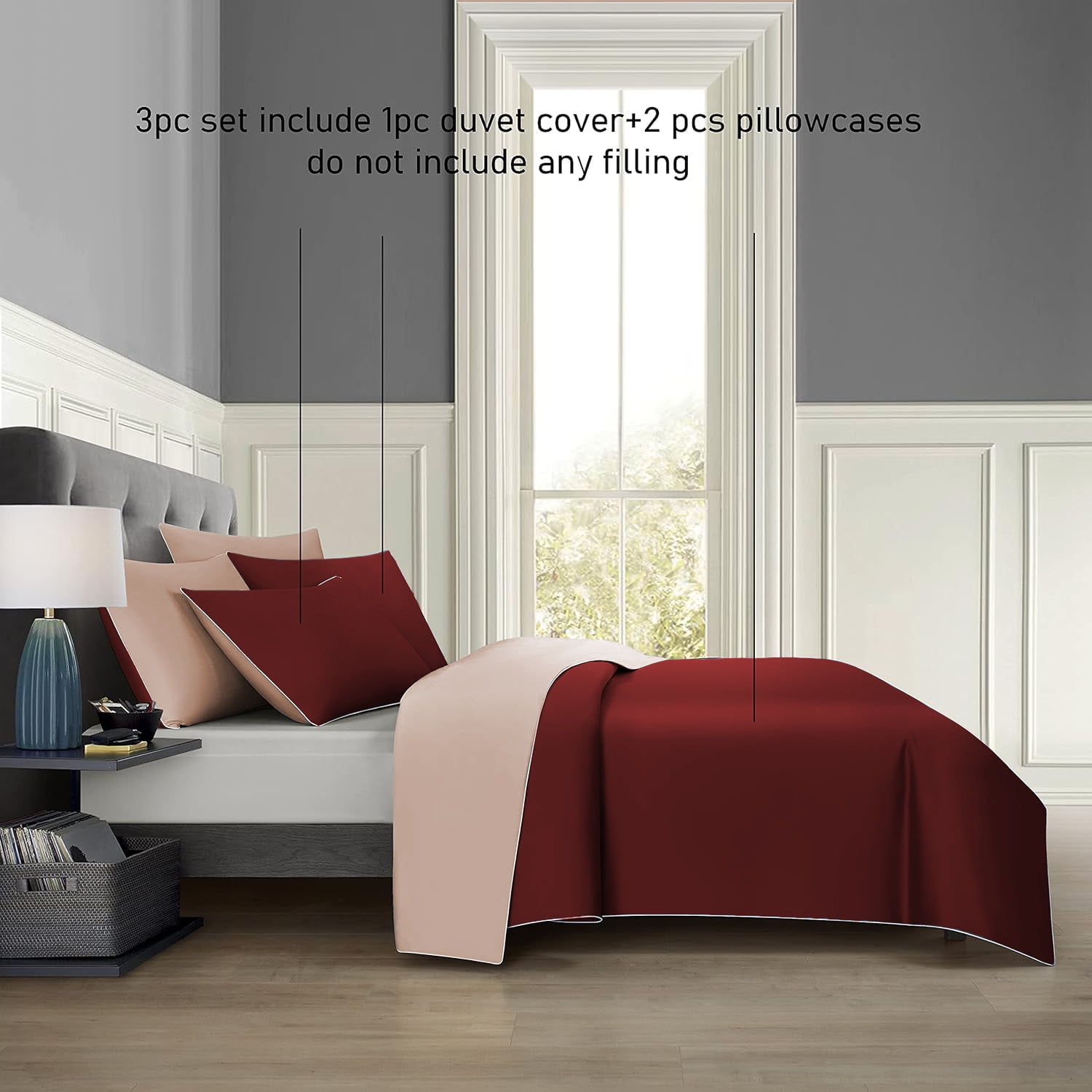BedDecor 3-Piece Reversible Duvet Cover Set in Blush & Burgundy for Queen/Full: Versatile Elegance for Your Bedroom
