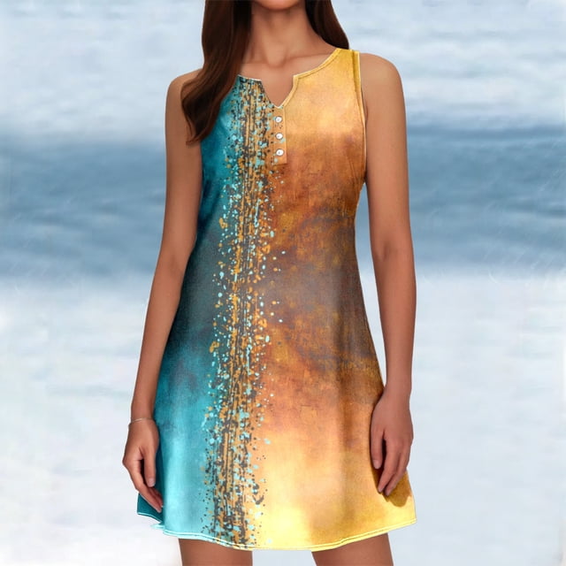 WILLBEST Vestidos de Verano 2025 Vestido de Verano para Mujer 2024 Casual Botones Cuello En V sin Mangas Moda Estampado Floral Vestido de Playa Línea A Chica