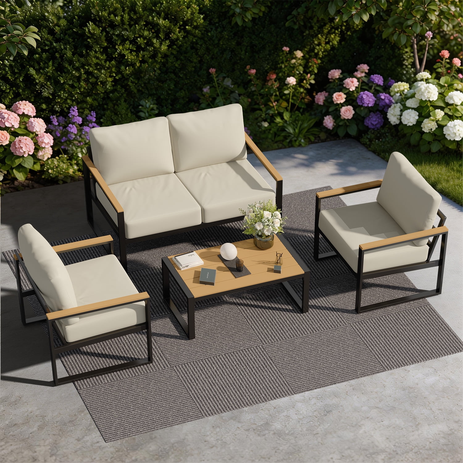 BaPiPro 4PCS Outdoor Exposed Tube Sofa Set, Beige Modern Sturdy Steel Frame & PS Composite Wood Armrest Patio Furniture Set with Coffee Table, All-Weather Removable Washable Polyester Cushions for Ba
