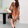 thumbnail image 4 of Xfvqtps Women Cape Faux Fur Collar Cloak Tassel Hem Fashion Plaid Print Open Front Thickened Warm Loose Streetwear Windproof Coldproof Warm Winter Long Coat Orange, 4 of 9