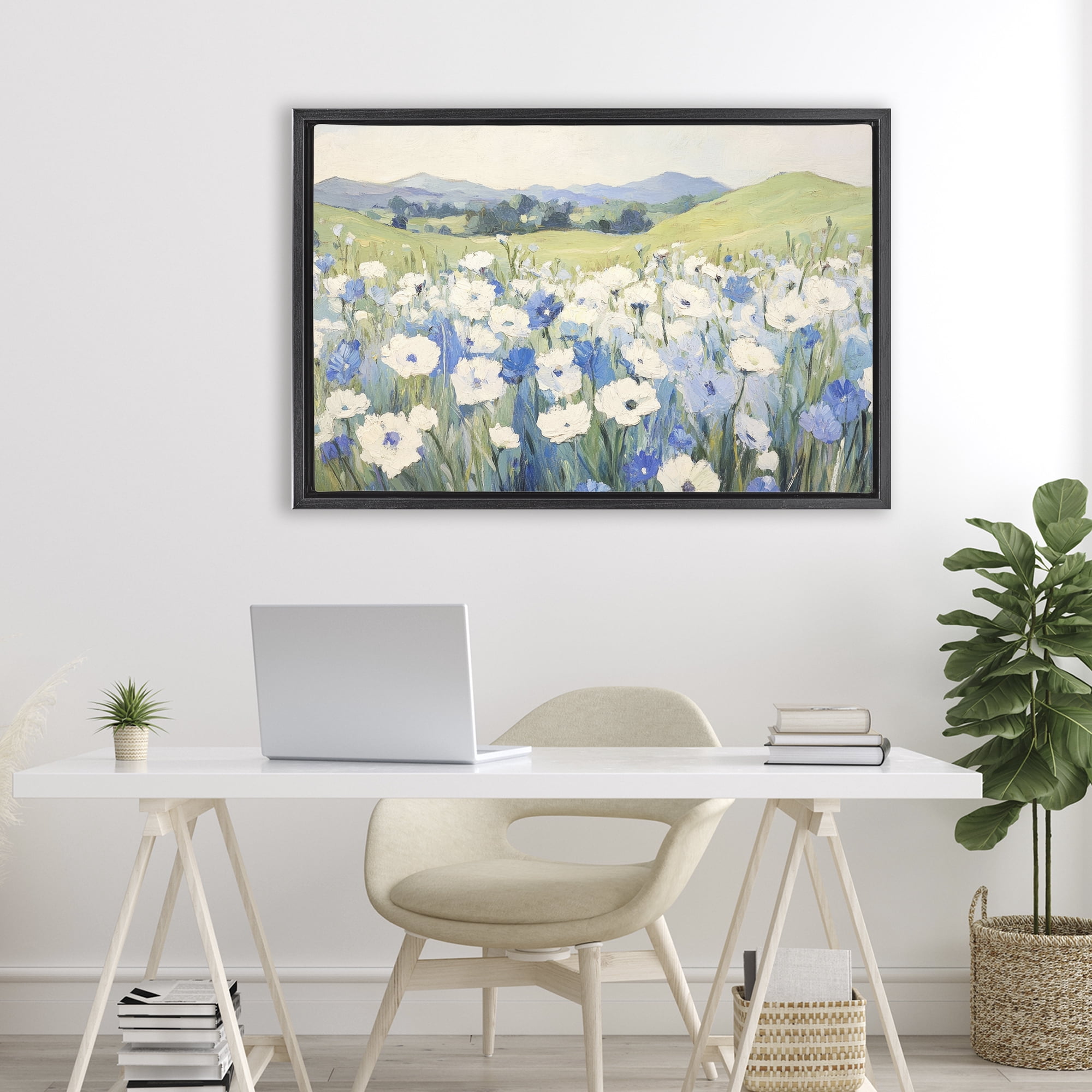 Stupell Industries Blue & White Daisies Black Framed Floater Canvas Wall Art, design by Petal Prints Design